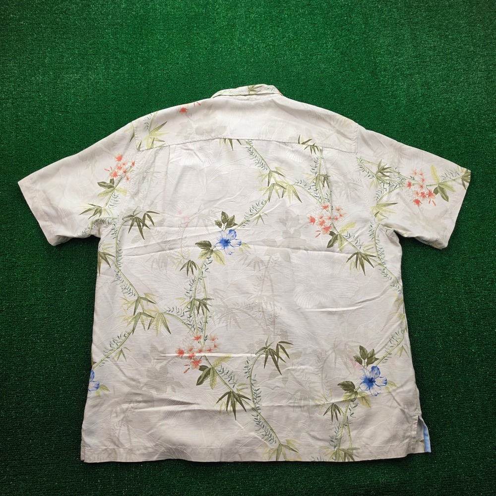 Tommy Bahama Shirt Mens XL Cream Blue 100% Silk Jacquard Floral Camp Tropical - Picture 9 of 11